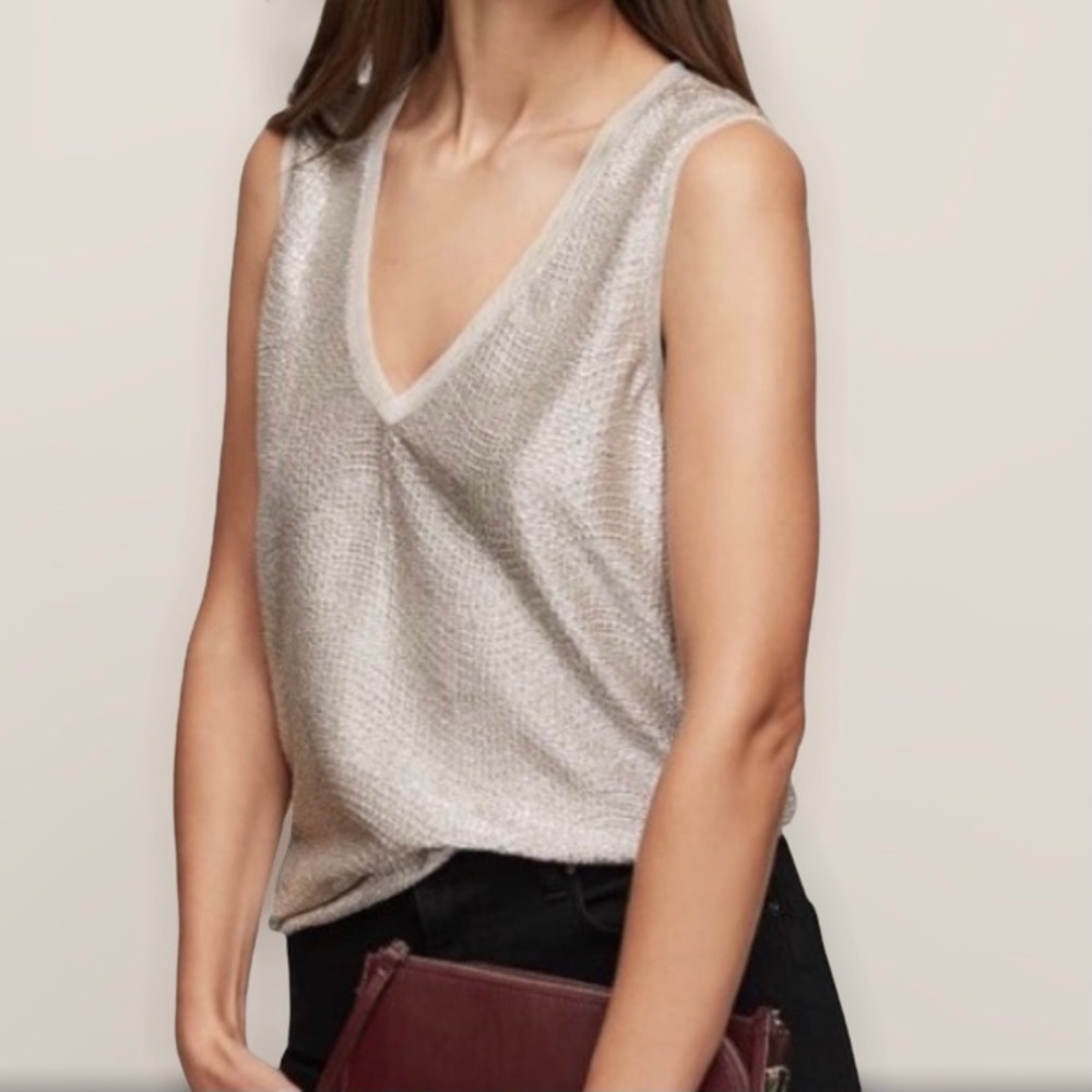 REISS Ona Metallic V-neck Sleeveless Top Size XS